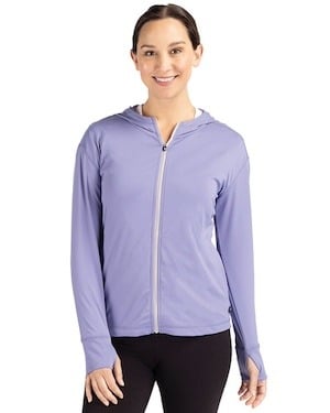 Women wearing a hyacinth/light purple Cutter & Buck Daybreak Eco Recycled Womens Full Zip Hoodie