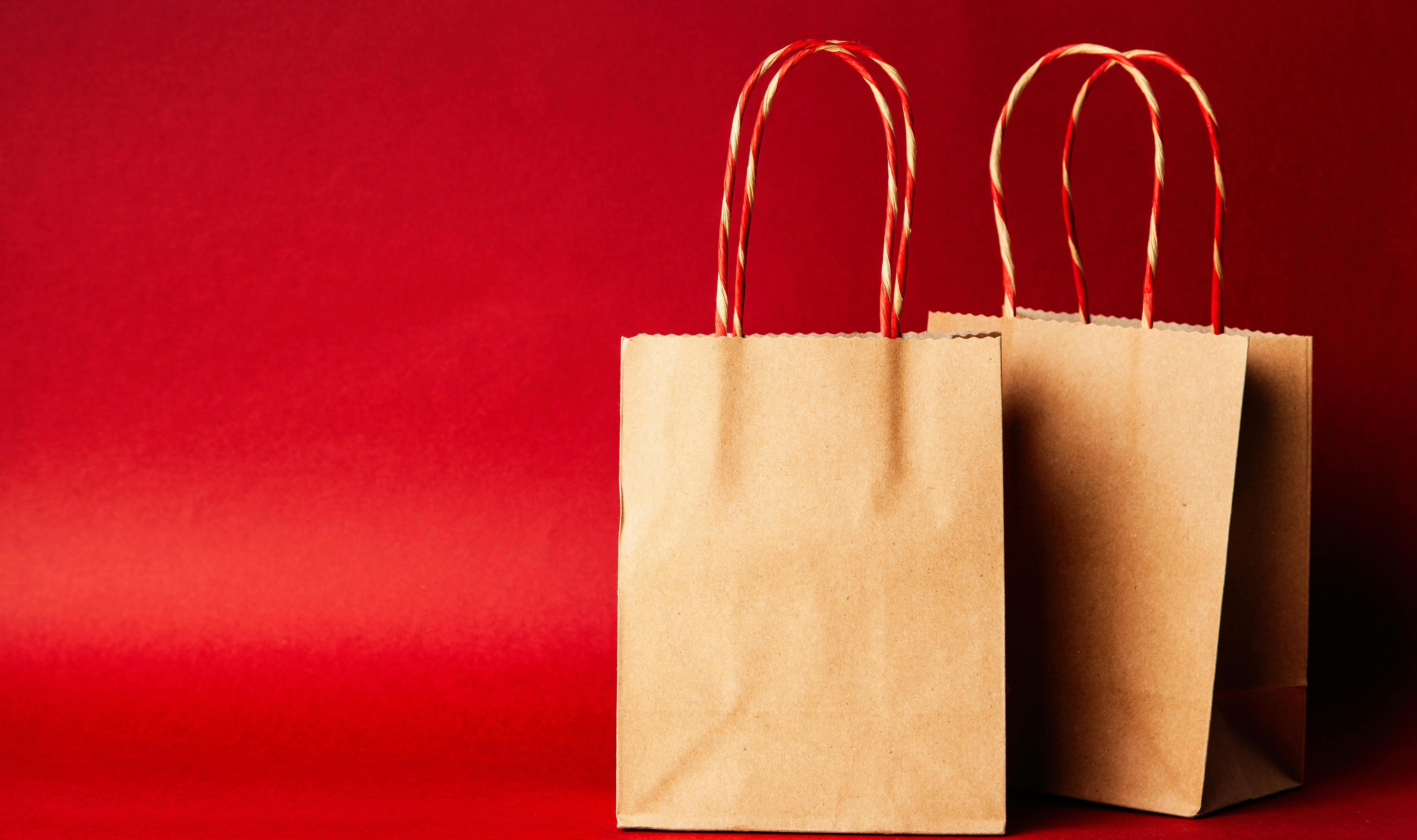 Two paper shopping bags with a festive background