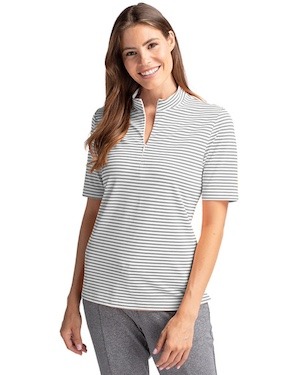 Woman wearing a polished gray  Virtue Eco Pique Stripe Recycled Womens Top