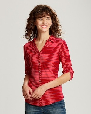 Woman wearing a red Cutter & Buck Academy Elbow Sleeve Womens Top