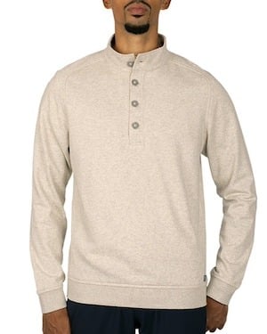 Man wearing a stone/heather Cutter & Buck Saturday Cotton Blend Mens Mock Pullover Sweatshirt