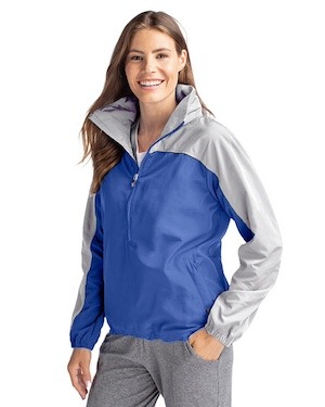 Women wearing a tour blue/polished gray Cutter & Buck Charter Eco Recycled Womens Anorak Jacket